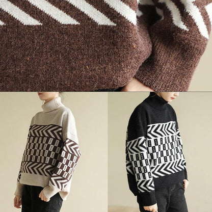 Chocolate Knitted Pullover Patchwork Loose Fitting High Neck Sweaters