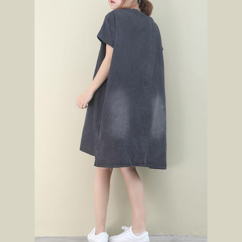 Denim Black Cotton Clothes O Neck Green Pockets Midi Dresses