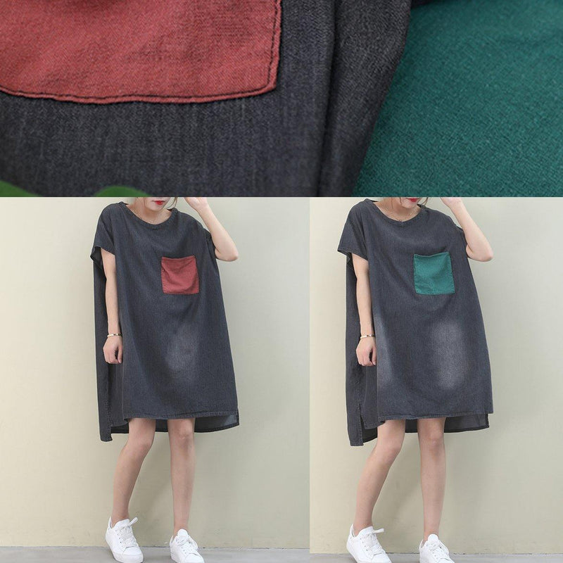 Denim Black Cotton Clothes O Neck Green Pockets Midi Dresses
