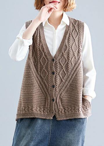 Fall Dark Khaki V Neck Knitted Blouse Loose Fitting Sleeveless Clothes