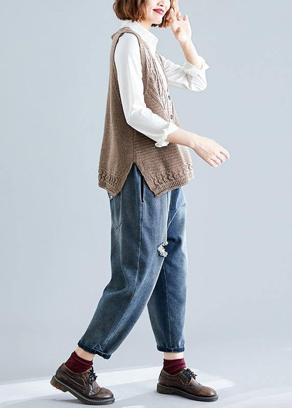 Fall Dark Khaki V Neck Knitted Blouse Loose Fitting Sleeveless Clothes