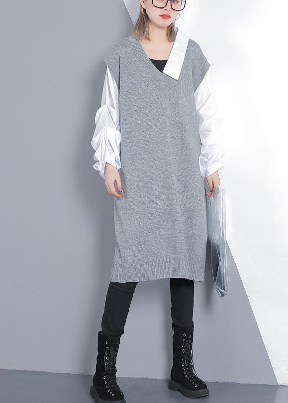 Gray Sweater Dress Outfit Design Funny V Neck Knitted Tops