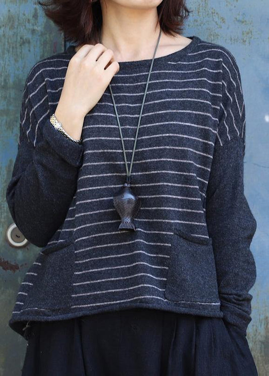 Gray Striped Clothes for Low High Design O Neck Knit Sweat Tops