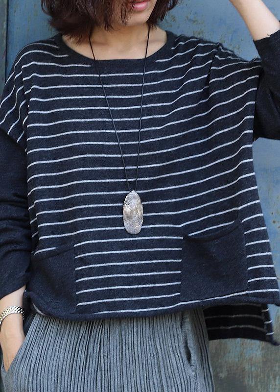 Gray Striped Clothes for Low High Design O Neck Knit Sweat Tops