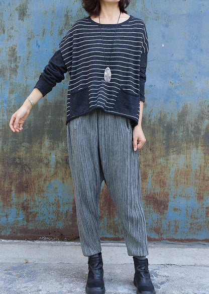 Gray Striped Clothes for Low High Design O Neck Knit Sweat Tops