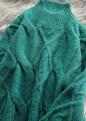 Green Sweater Dress Outfit High Neck Thick Daily Knit Dress