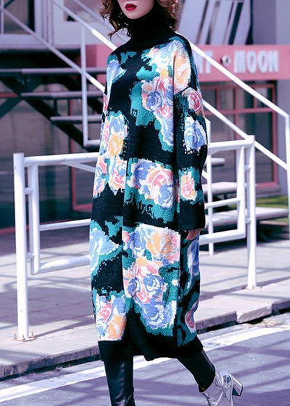 High Neck Sweater Aesthetic Black Print Fuzzy Knit Dress