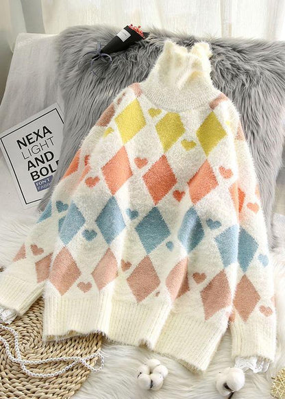 High Neck Beige Knitted Blouse Loose Fitting Geometry Knitted Top
