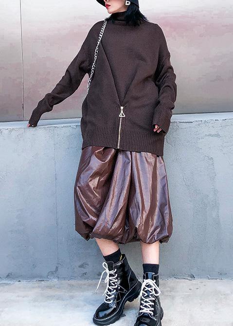 High Neck Chocolate Knitted Blouse Asymmetric Hem Box Top