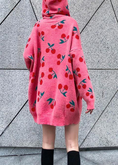 Hooded Drawstring Sweater Dresses Street Style Pink Cherry Print Mujer Sweater Dress
