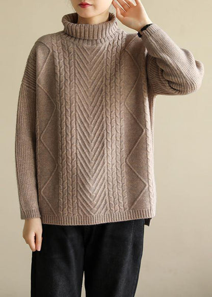 Khaki Knitted Top Cable High Neck Sweaters