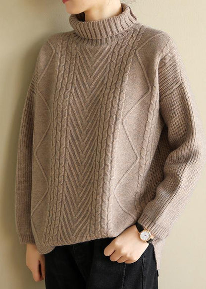 Khaki Knitted Top Cable High Neck Sweaters
