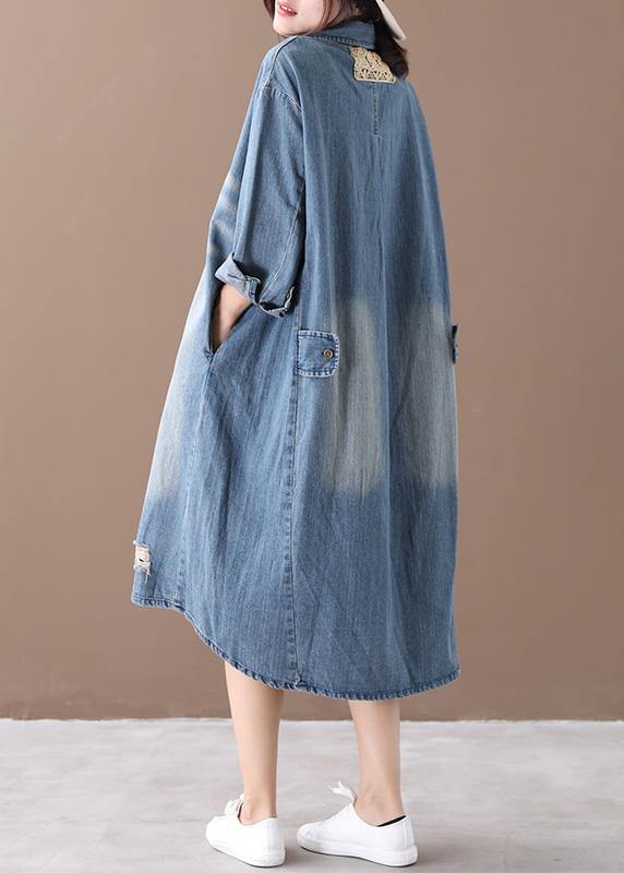 Lapel Hole Spring Outfit Shape Denim Blue Dresses