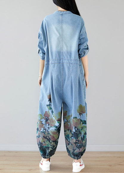 Light Blue Pockets O-neck Print Denim Jumpsuit Spring
