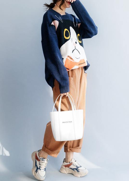 Navy Sweater Tops Winter Loose Fitting Animal Print Knitwear