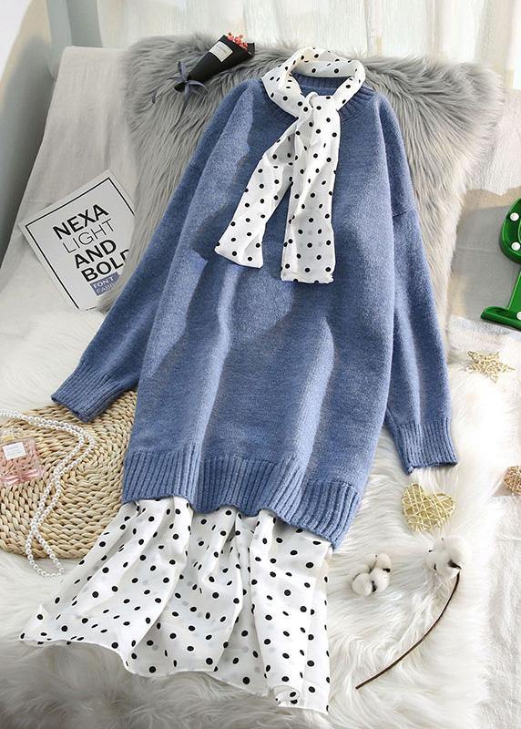 O Neck Patchwork Sweater Outfits Blue Fuzzy Sweater Dresses