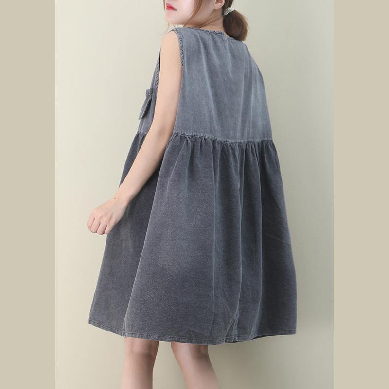 O Neck Cinched Cotton Dresses Fabrics Denim Gray Dresses