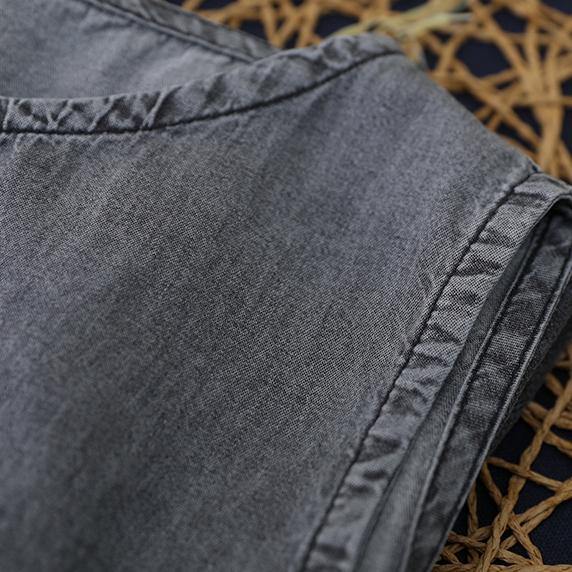 O Neck Cinched Cotton Dresses Fabrics Denim Gray Dresses