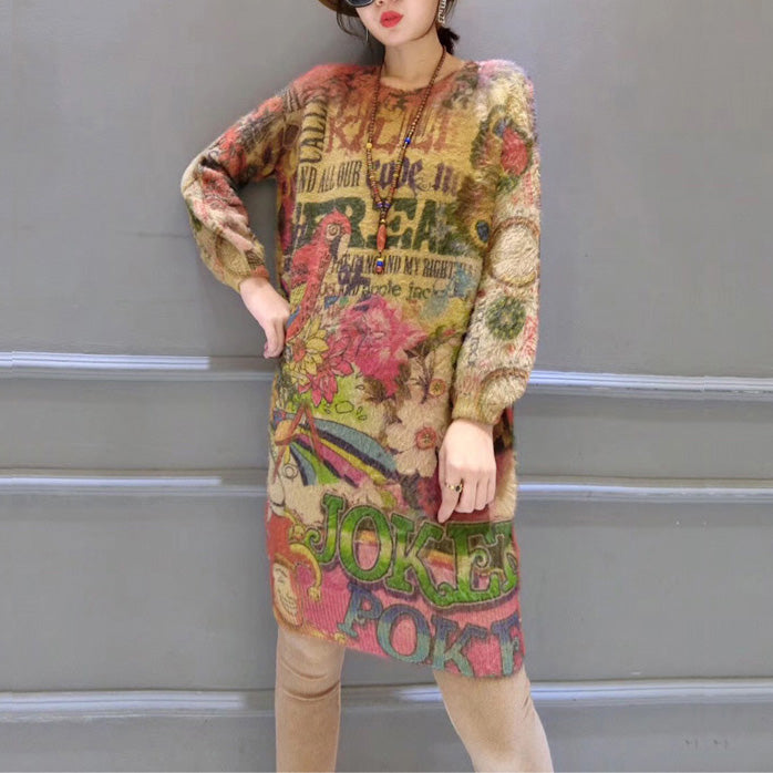 Prints Cotton Wild Sweater Dresses Fit Elastic Knit Dress