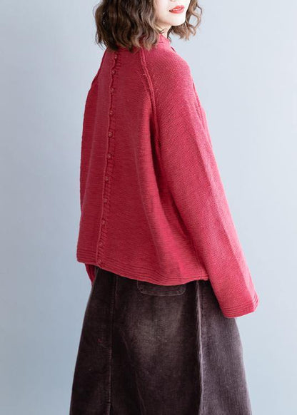 Red Knitted Pullover O Neck Button Down Oversized Knitwear
