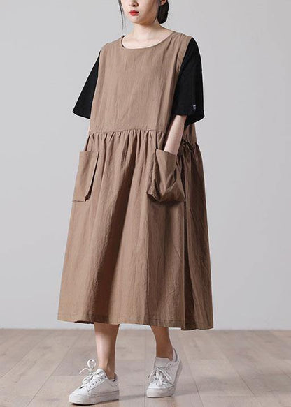 Tie Waist Khaki Cotton Big Hem Summer Holiday Dress