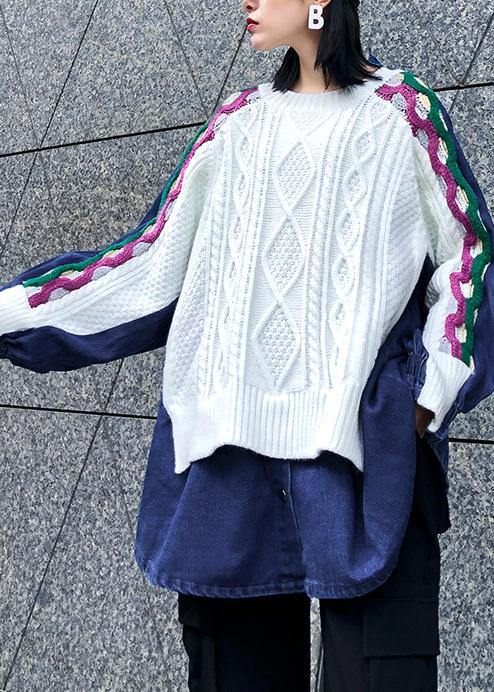 White Knitted Pullover Clothing Knitted Blouse Patchwork False Two Pieces Tops