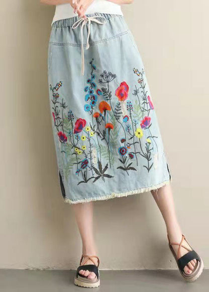 Light Blue Embroideried Pockets A-line Summer Denim Skirts