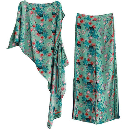 Summer National Style Green Print Suit Irregular Two-piece