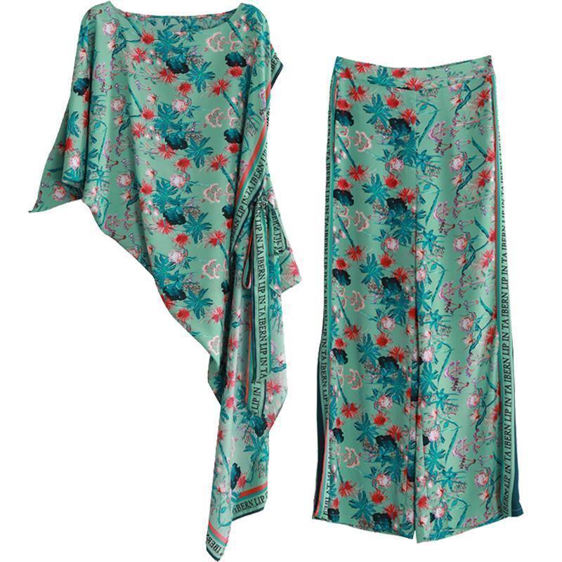 Summer National Style Green Print Suit Irregular Two-piece