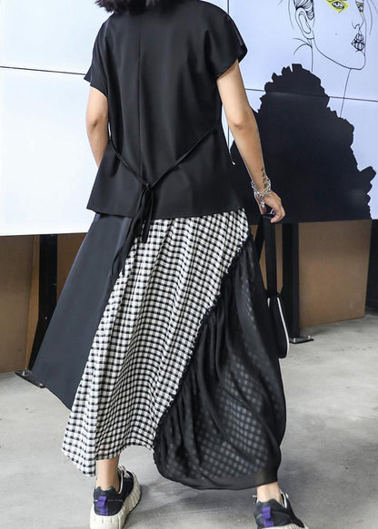 Summer Mid-length A-line Skirt High Waist Black Stitching Chiffon Plaid Skirt