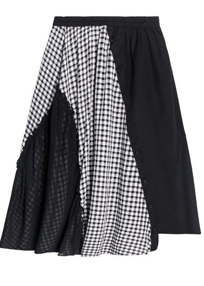 Summer Mid-length A-line Skirt High Waist Black Stitching Chiffon Plaid Skirt