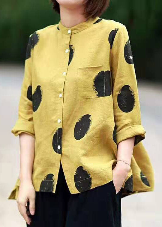 Pink Dot Print Patchwork Linen Top Button Stand Collar Summer