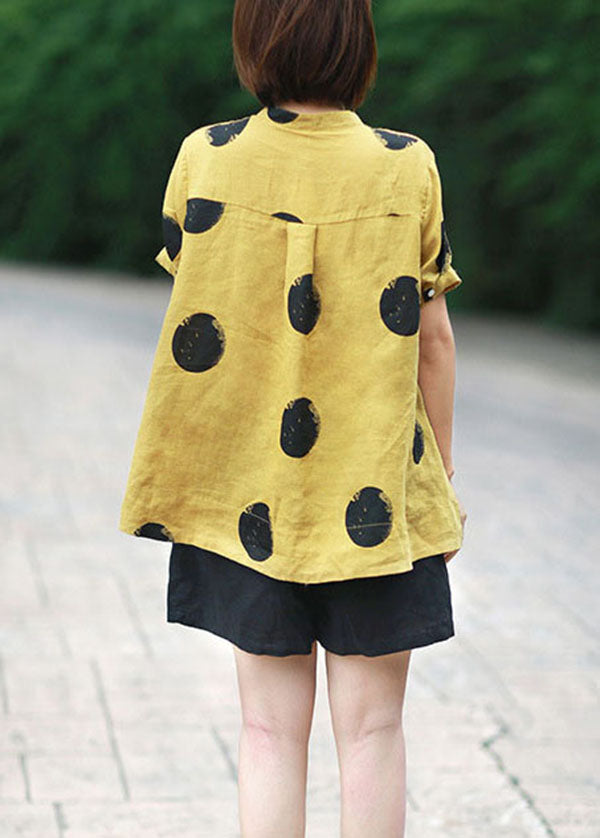 Orange Cashews Patchwork Linen Top Button Stand Collar Summer