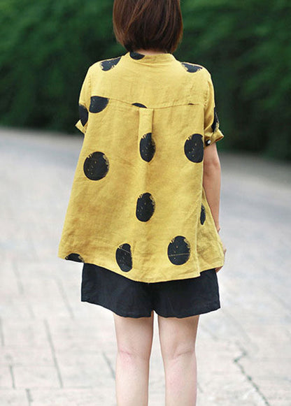 Red Dot Print Patchwork Linen Top Button Stand Collar Summer