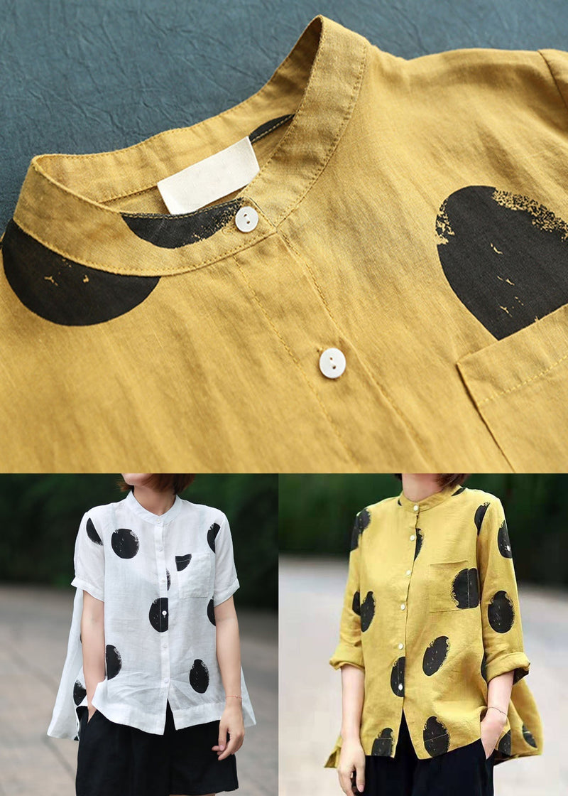 Dark Green Dot Print Patchwork Linen Top Button Stand Collar Summer
