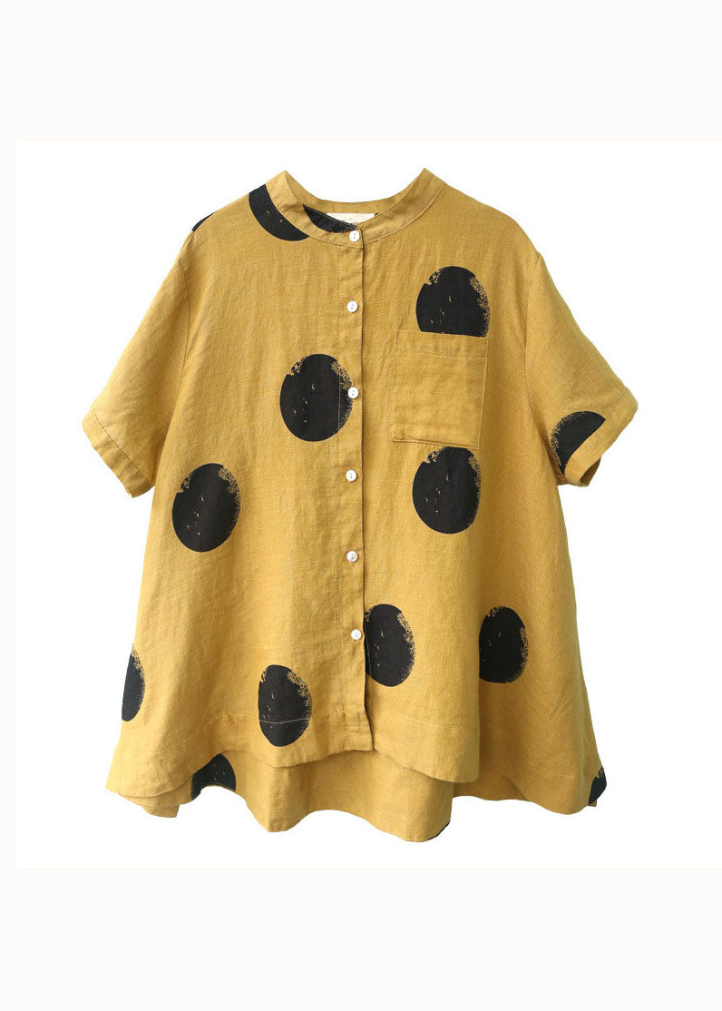 Pink Dot Print Patchwork Linen Top Button Stand Collar Summer