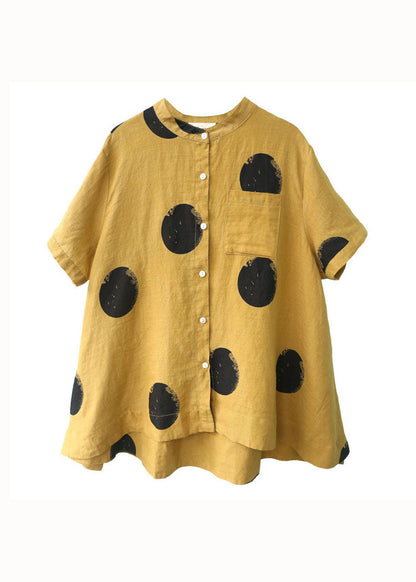 Dark Green Dot Print Patchwork Linen Top Button Stand Collar Summer