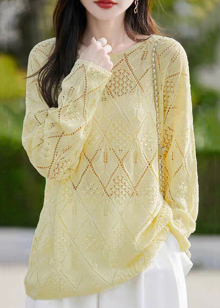 Yellow Hollow Out Knit Sweater O Neck Long Sleeve