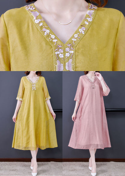 Yellow Linen a Line Dress Embroideried Exra Large Hem Summer