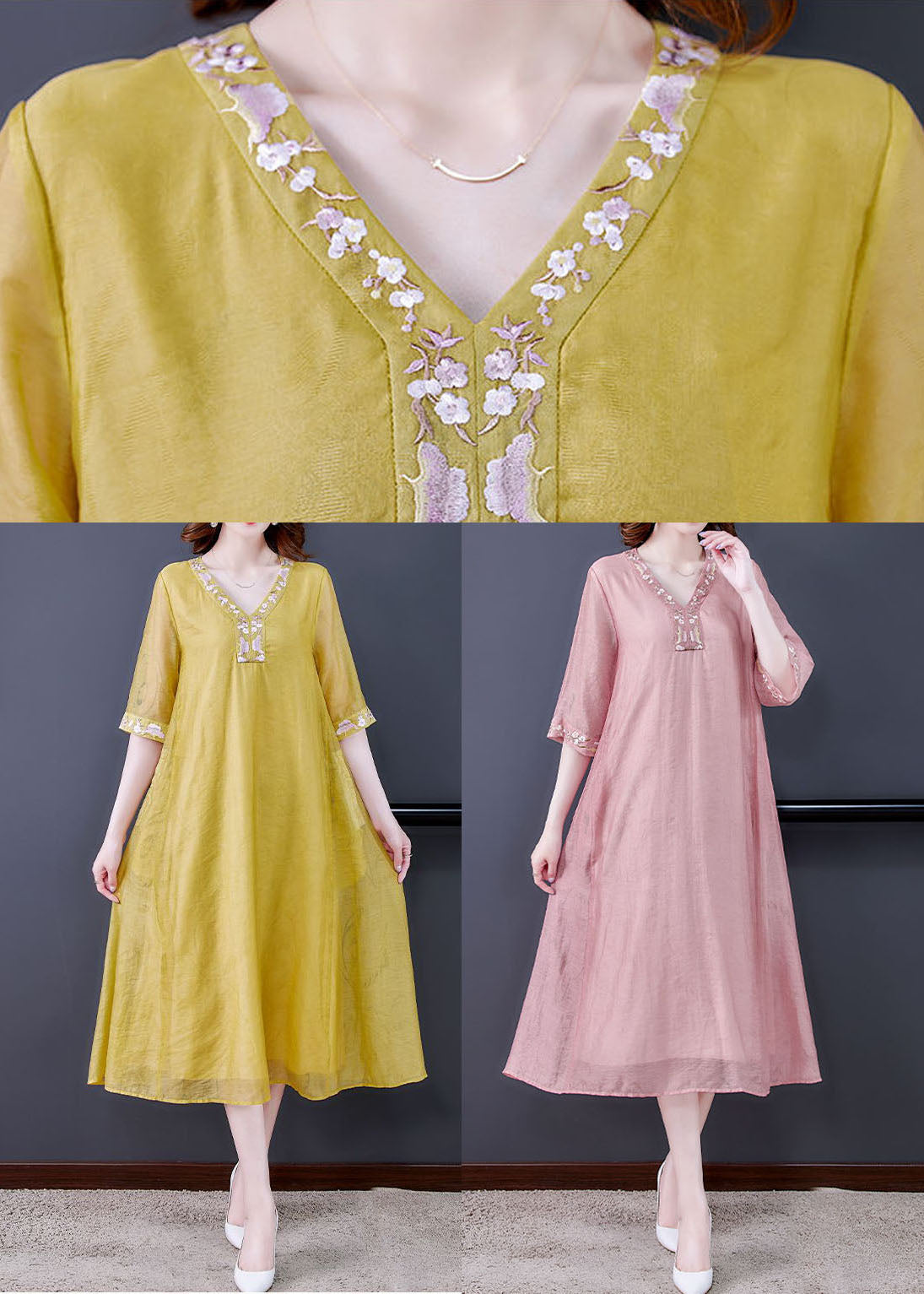 Yellow Linen a Line Dress Embroideried Exra Large Hem Summer
