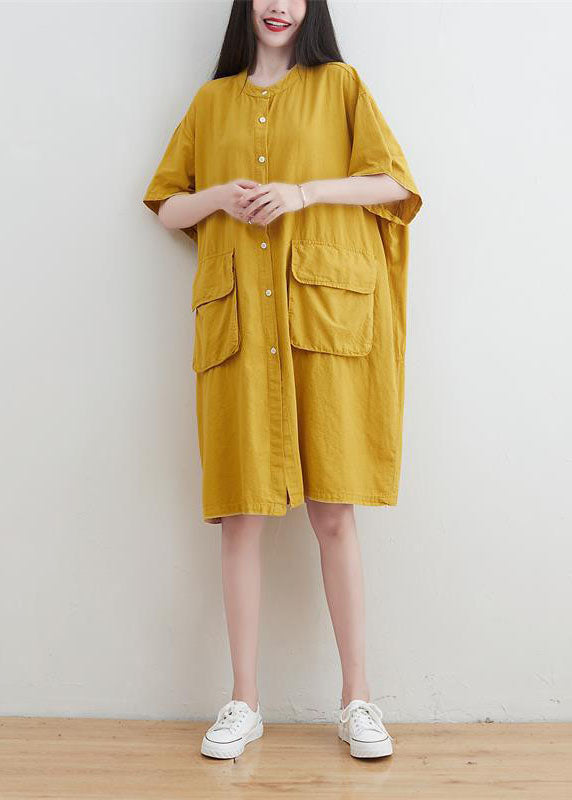 Yellow Linen Maxi Dresses O-neck Oversized Short Sleeve