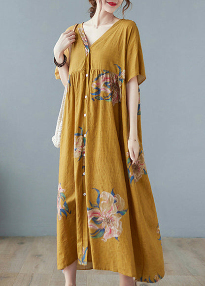 Yellow Loose Holiday Dresses Button Short Sleeve