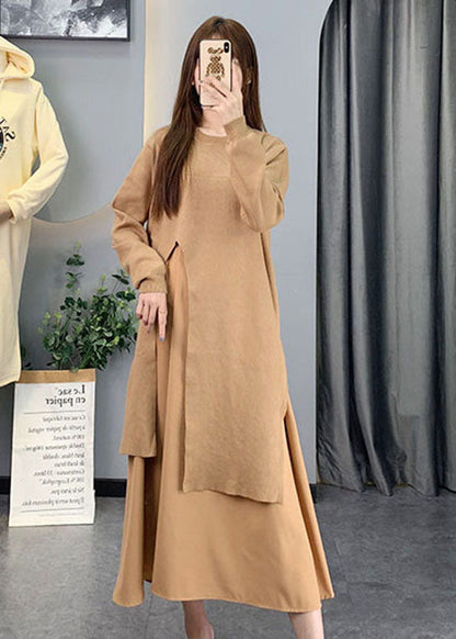 Yellow O-neck Chiffon Patchwork Knit Dresses Spring