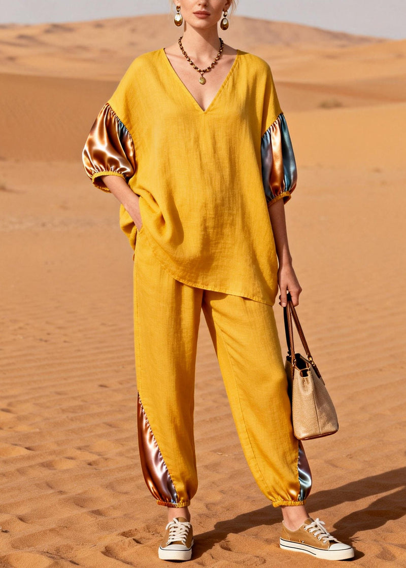 Yellow Patchwork Linen Silk Two Pieces Set Oversized Half Sleeve