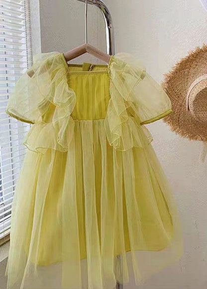 Yellow Patchwork Tulle Baby Princess Dresses Wrinkled Summer