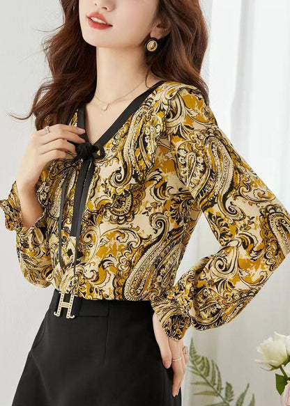 Yellow Print Chiffon Blouse Tops V Neck Lantern Sleeve