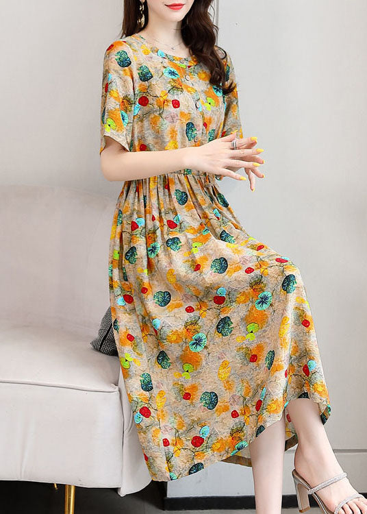 Yellow Print Linen Dresses O-neck Cinched Drawstring Short Sleeve
