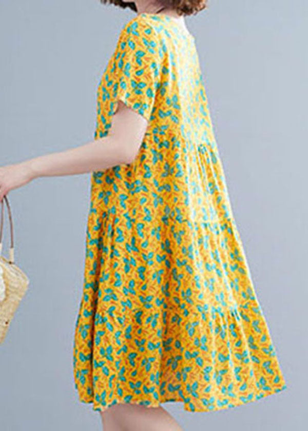 Yellow Print Patchwork Cotton Long Dresses O-neck Wrinkled Short Sleeve