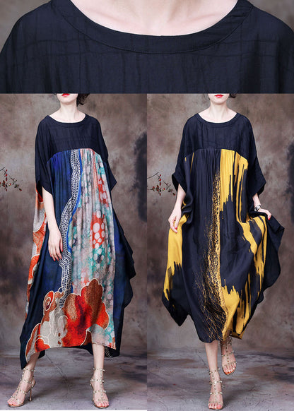 Yellow Print Chiffon Loose Beach Dresses O-neck Wrinkled Batwing Sleeve