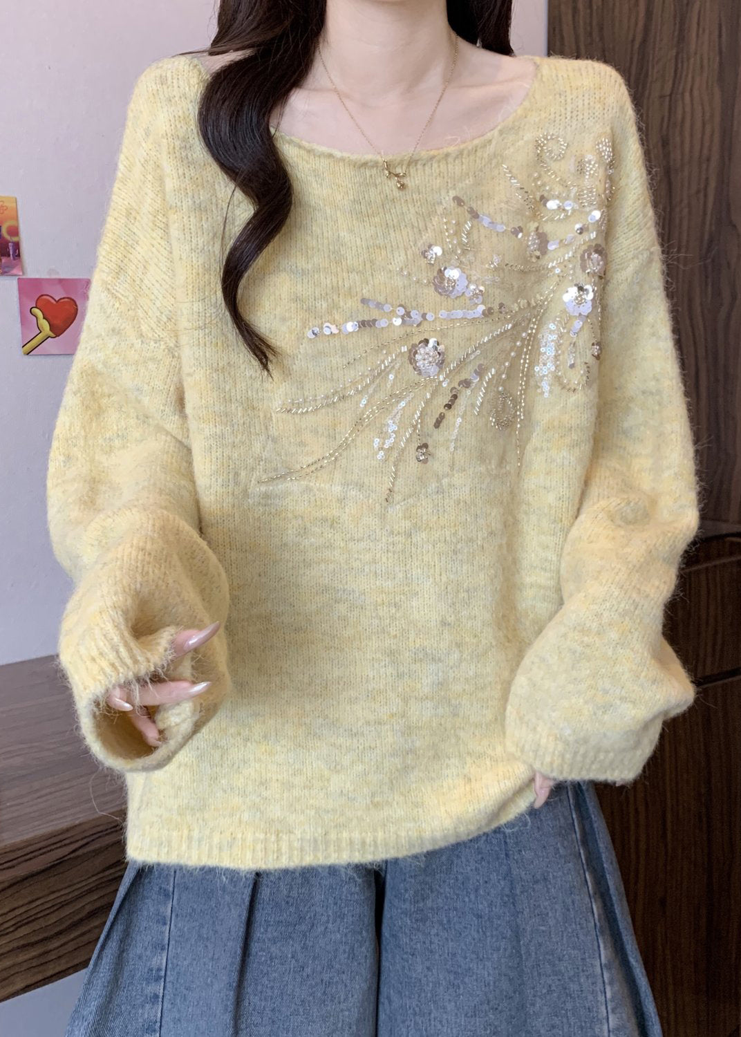 Yellow Sequins Knit Winter Sweater Tops O Neck